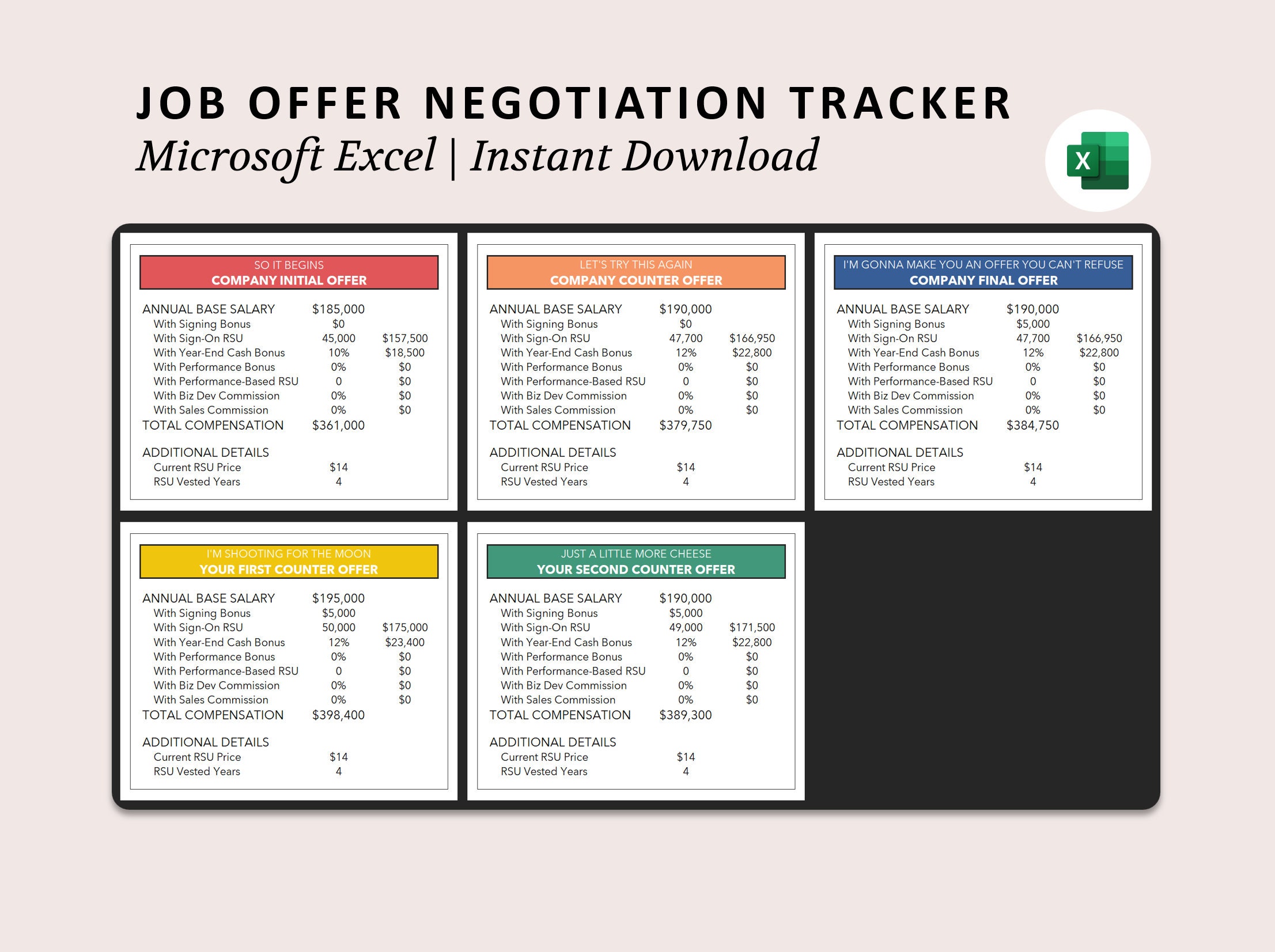 Job Offer Negotiation Tracker Spreadsheet | Salary Spreadsheet | Income Spreadsheet | Excel Template