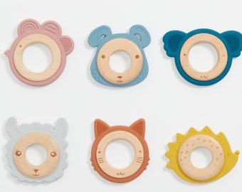 All-Natural Baby Teething Ring | 100% Silicone & Wood Baby Teether | Puppy, Lamb, Cat, Koala, Hen | Baby Shower, Newborn Gift | BPA free