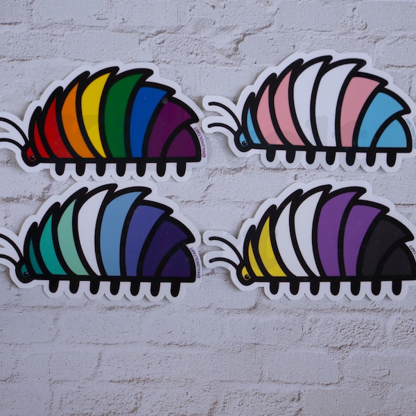 Eight Pride Flag Pill Bug Stickers | Original Artwork | Laminated Matte Weatherproof