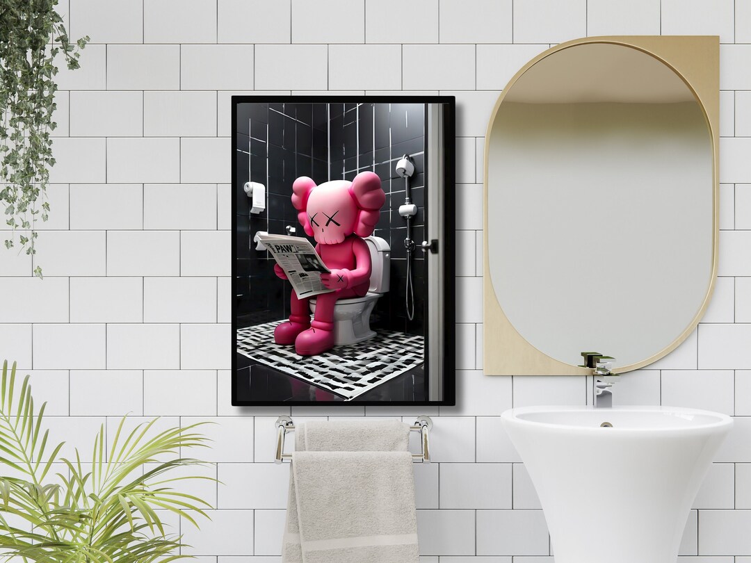 Pink Kaws Reading Newspaper Sitting on Toilet Poster, Kaws Toilet