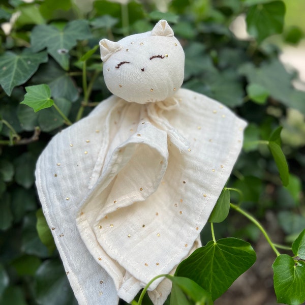 Doudou chat en gaze de coton blanc écru fait main