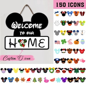 Personalized Disney Mouse Shape Interchangeable Sign, Welcome To Our Home Door Hanger, Custom Family Name Sign, Seasonal Door Hanger