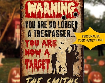 May include: A rectangular garden flag with a distressed, vintage design. The flag features the text "WARNING" in red, along with the phrases "YOU ARE NO LONGER A TRESPASSER... YOU ARE NOW A TARGET." The family name is customizable.
