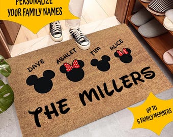 Personalized Disney Family Names Doormat, Welcome Mat, Mickey Head, Minnie Head, Custom Name Doormat, Mickey Family Mat, Disney Fan Gift