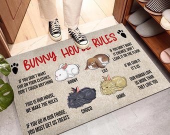 Personalized Bunny House Rules Doormat, Rabbit Home Rug, Custom Rabbit Name Mat, Bunny Home Decor, Rug With Rabbit, Rabbit Lovers Gift Ideas