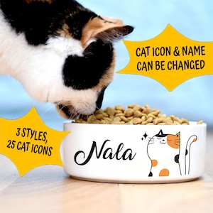 Personalized Cute Cat Bowl, Custom Cat Bowl with Name, Ceramic Cat Cartoon Bowl, Cute Cats Dogs Dish for Water Bowl, Cat Gift