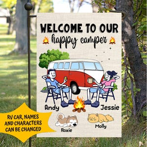 Personalized Welcome To Our Happy Camper Camping Flag,Custom Camper Name Sign,Campsite/Camper/RV flag,Camper Couple Flag,Family Camping Sign