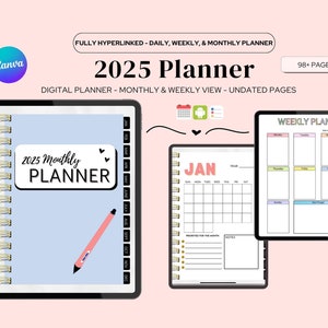 Pode incluir: Uma agenda digital para 2025 com uma capa azul e uma encadernação em espiral dourada. A agenda inclui vistas mensais e semanais e é totalmente hiperligada. A imagem mostra uma tela de tablet que exibe um calendário mensal para janeiro e uma agenda semanal com caixas coloridas para cada dia da semana.