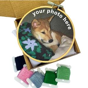 May include: A round embroidery hoop with a photo of a dog inside a cardboard box. The text "your photo here" is printed on the hoop. Several spools of colorful embroidery floss are in front of the box.