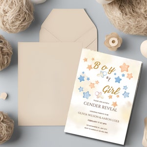 Modèle d&#39;invitation de révélation de genre bohème, invitation de fête de révélation de genre minimaliste, invitation moderne de révélation de genre neutre, modèle modifiable,