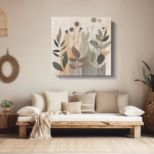 May include: A beige, brown, and green abstract floral print wall art canvas. The print features stylized flowers and leaves in a modern minimalist style.