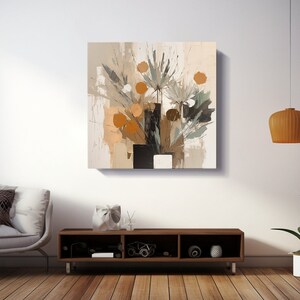 May include: Abstract painting of a bouquet of flowers in a vase. The flowers are a mix of green, brown, and white, with orange accents. The vase is black and white.