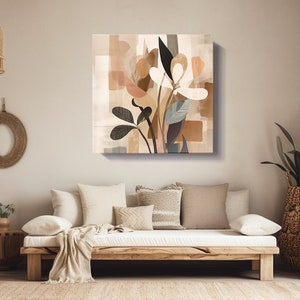 May include: Abstract floral art print with brown, beige, and white colors. The print features stylized flowers and leaves against a textured background.