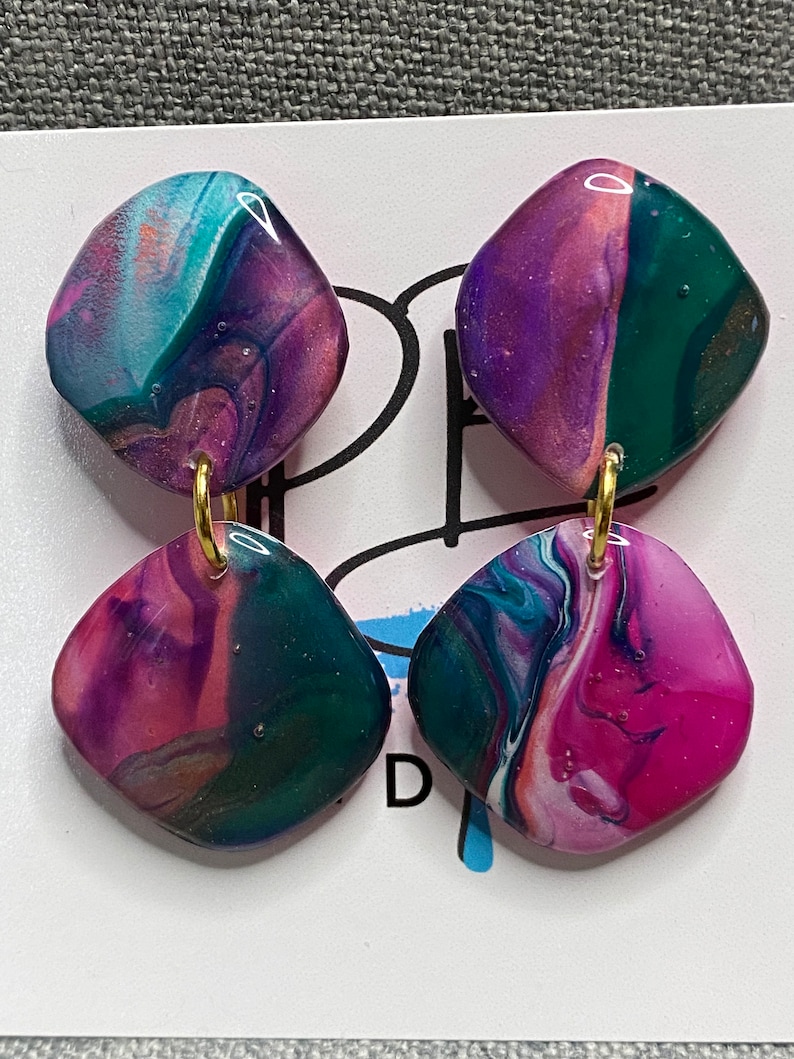 Turquoise and Magenta Earrings, Fluid Art Earrings, Acrylic Painting