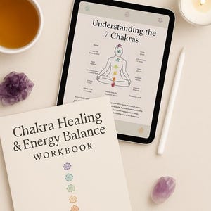 May include: A workbook titled "Chakra Healing & Energy Balance" with a diagram of the 7 chakras on a tablet. A cup of tea, a lit candle, and amethyst crystals are also present. The text "Identify + Unblock + Heal" is visible.