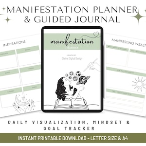 May include: A digital manifestation planner and guided journal with a black tablet in the center. The tablet displays the words "manifestation planner" and a black and white illustration. Two pages are on either side with prompts.