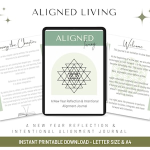 Puede incluir: Descarga digital de un diario titulado "Aligned Living". El diario presenta un diseño geométrico y el texto "A New Year Reflection & Intentional Alignment Journal". Páginas adicionales ofrecen indicaciones para la reflexión y la fijación de intenciones.