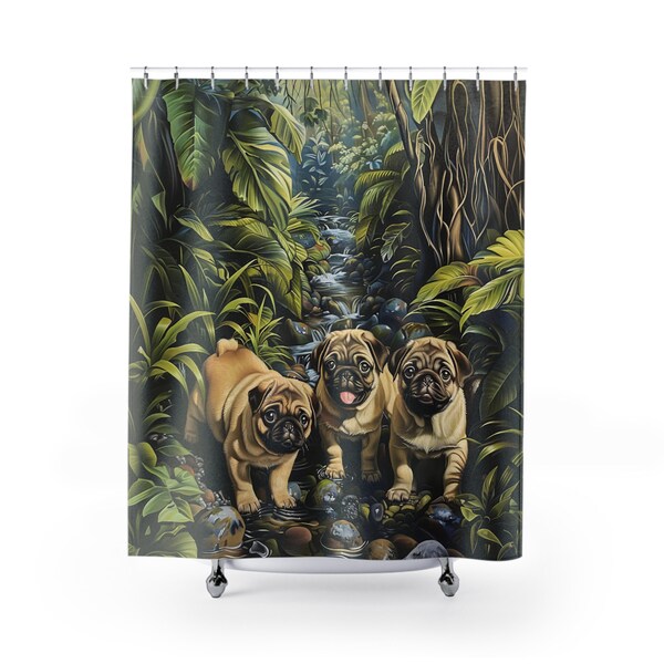 Jungle Pug Puppies Oil Painting Shower Curtain, Cute Pugs In Rainforest Playing Bathroom Decor, Funny Adorable Nature Adventure Bath Gift