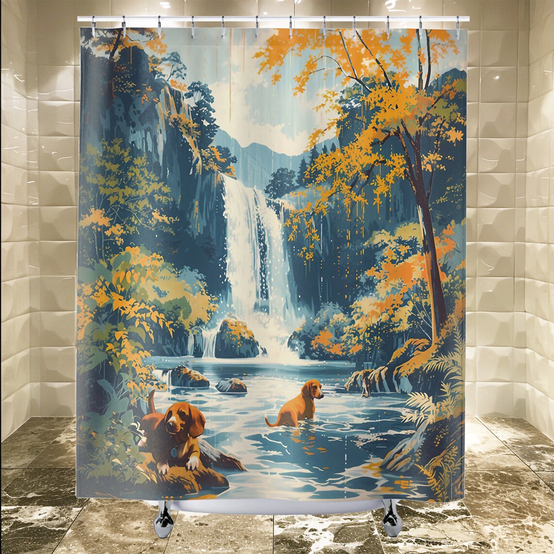 Japanesestyle Dachshund Woodblock Print Shower Curtain, Scenic