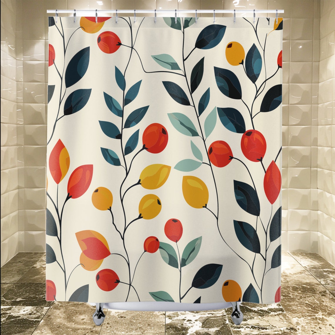 1950s Abstract Retro Plant Shower Curtain, Trendy Botanical Bathroom ...