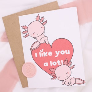 Carte d'anniversaire Axolotl Carte de voeux vierge | Carte de Saint-Valentin, carte d'amour, anniversaire | Je t'aime beaucoup | Jolie carte avec autocollant de cire