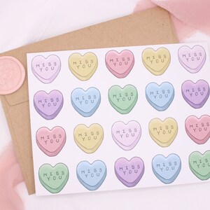 Tu me manques avec cachet de cire | Cœurs de bonbons | Carte de voeux vierge pour la Saint-Valentin, anniversaire, relation longue distance avec autocollant pour sceau de cire