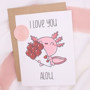 Carte d'anniversaire Axolotl Carte de voeux vierge | Carte de Saint-Valentin, carte d'amour, anniversaire | Je t'aime beaucoup | Jolie carte avec autocollant de cire
