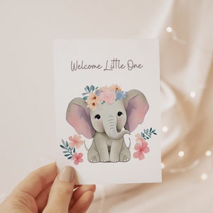 Carte de voeux vierge Welcome Little One - Adorable voeux de bébé éléphant | Carte faite main avec cachet de cire de cigogne