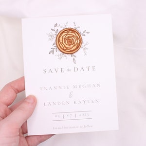 Fleur "Retenez cette date" avec cachet de cire | Sticker en cire assorti pour enveloppe | Faire-part de mariage romantique classique | Autocollant de sceau de cire
