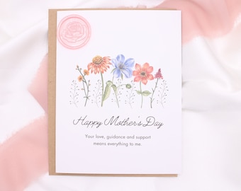 Flowers Mother's Day Card with Wax Seal Sticker for Envelope | Sentimental Greeting for Mom, Appreciation | Handmade Card | Blank Card