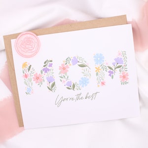 Carte de fête des mères avec cachet de cire pour enveloppe | Salutation sentimentale pour maman | Carte faite main | Blanc à l'intérieur | Uniques