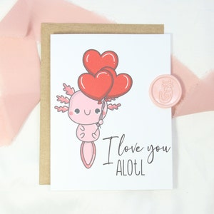 Carte d'anniversaire Axolotl Carte de voeux vierge | Carte de Saint-Valentin, carte d'amour, anniversaire | Je t'aime beaucoup | Jolie carte avec autocollant de cire