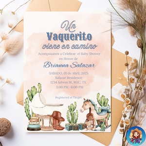 Un Vaquerito Viene en Camino, Convite, Chá de bebê, Chá de bebê ocidental em espanhol, Convite rústico, Rustico