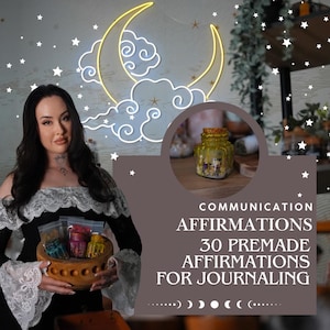May include: A set of 30 premade affirmation cards for journaling, labeled Communication Affirmations. The cards are stored in small, colorful jars held in a wooden bowl. A neon moon and cloud sign glows in the background, and a circular inset shows a jar.