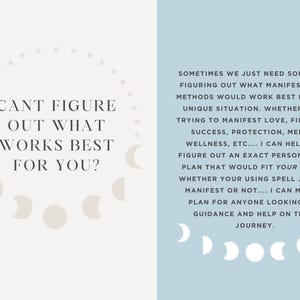Puede incluir: Una p&aacute;gina doble con texto e ilustraciones. La p&aacute;gina izquierda tiene el texto "CANT FIGURE OUT WHAT WORKS BEST FOR YOU?" rodeado de ilustraciones de luna creciente y estrellas. La p&aacute;gina derecha tiene texto sobre la manifestaci&oacute;n y la orientaci&oacute;n.