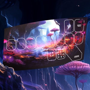 May include: A keyboard keycap set with a fantasy landscape design. The keycaps feature a purple and pink sky, a river, and a variety of flowers. The keycaps are labeled with letters and symbols. The keycaps are designed for a 60% keyboard layout. The keycaps are made of PBT plastic and have a shine-through design.