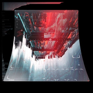May include: Abstract digital art with a red and white color scheme. The image features a distorted, geometric pattern with a sense of depth and perspective.