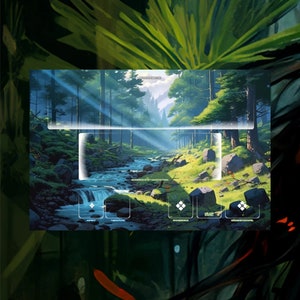 Könnte beinhalten: Eine digitale Illustration einer Waldszene mit einem Fluss, der durch sie fließt. Der Fluss ist von grünem Gras und Bäumen umgeben. Der Himmel ist blau und es gibt Wolken am Himmel. Das Bild ist in Abschnitte unterteilt mit den Wörtern "Aspekt", "Beifügung", "Randesbereich", "Stück" und "Möglicher Stapel" am unteren Rand.