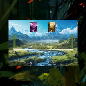 Könnte beinhalten: Eine malerische Landschaft mit einem Fluss, der sich durch grüne Hügel und Berge schlängelt. Das Bild ist in Abschnitte mit Titeln in Deutsch unterteilt: "Entlang des Weges", "Die Umgebung", "Weiter", "Fels Insel", "Wilderness", "Over Land".