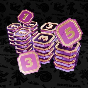 Könnte beinhalten: Ein Stapel lila und goldener Spielmarken mit den Zahlen 1, 2, 3 und 5 darauf. Die Spielmarken sind in Pyramidenform angeordnet.