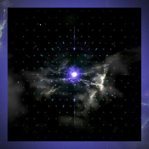 Könnte beinhalten: Eine digitale Illustration eines leuchtenden blauen Sterns in einem dunklen Raum mit einem Gittermuster und einem kreisförmigen Design darum herum.