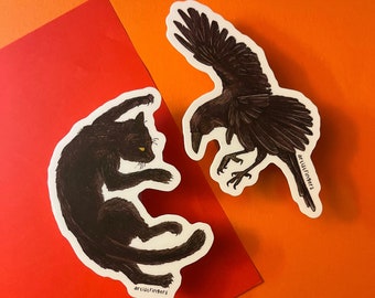 Vinyl Cat vs. Crow Stickers