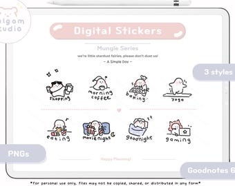 Stickers numériques quotidiens mignons | Autocollants Goodnotes | Stickers agenda dessinés à la main | PNG pré-recadrés | Kawaii | Série Mungies - Une journée simple