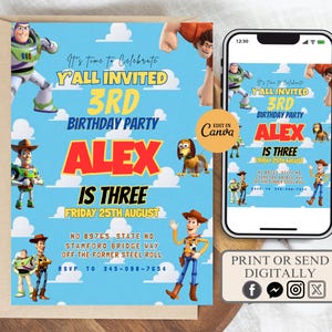 Editable Toy Story Invitation Template, Watercolor Toy Story Birthday Party Invite, Digital Invitation, Kids Invite, Woody, Buzz Lightyear