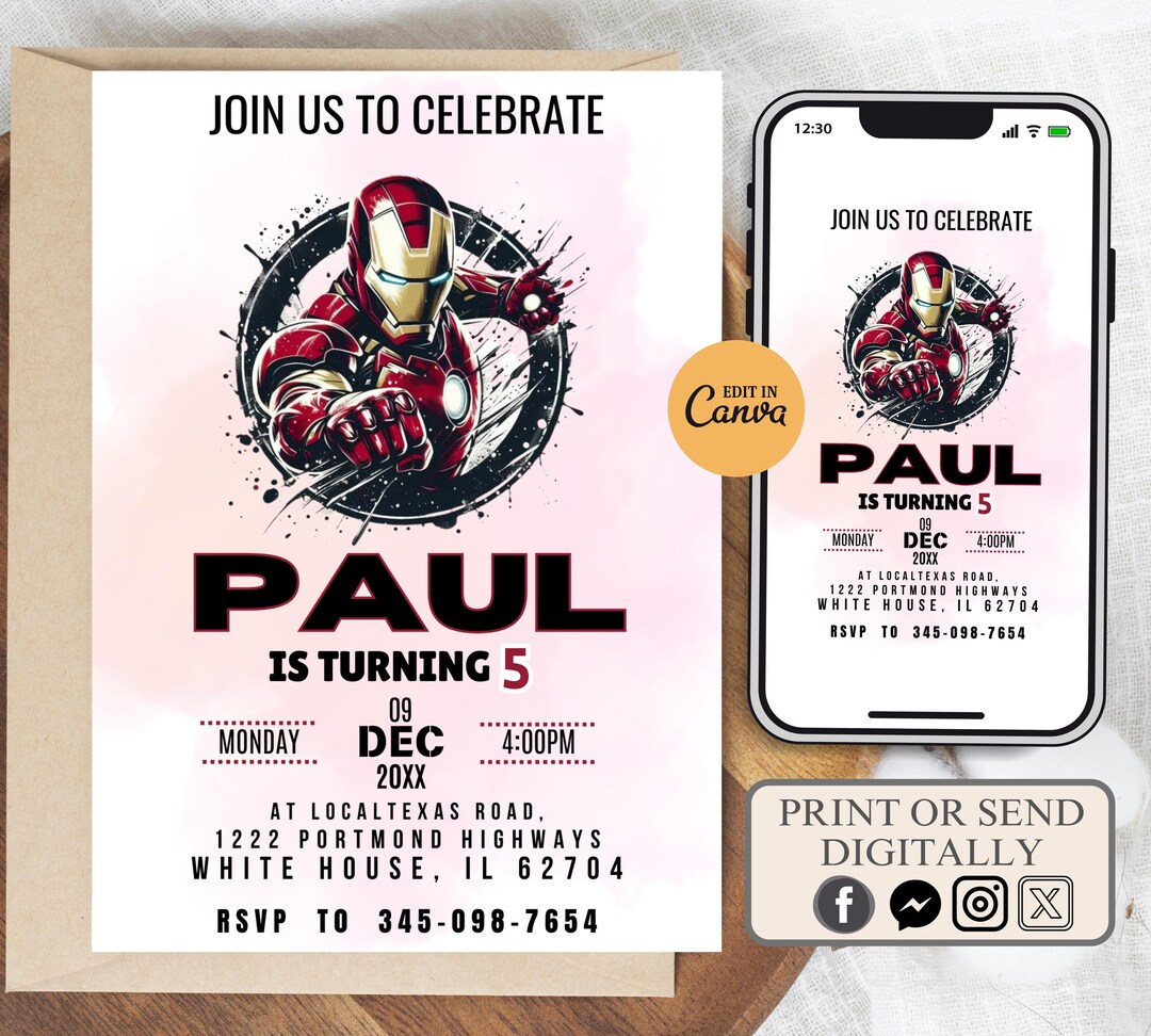 Iron Man Birthday Invitation Editable Canva Template, Iron Man ...