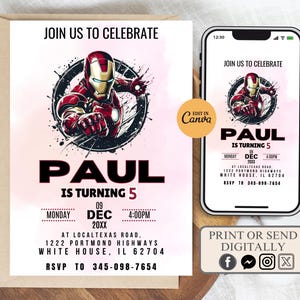 Iron Man verjaardagsuitnodiging bewerkbare canvas sjabloon, Iron Man uitnodiging digitale instant download, Avengers superheld verjaardagsfeestje uitnodiging