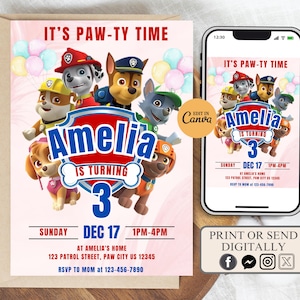 Editable Paw-ty Birthday Invitation Template, Kids Printable Party Invitation, Puppy Patrol Pup Crew Boys & Girls Bday, Birthday Invitations