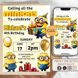Editable Minion Birthday invitation for Kids, Minions Birthday Party Invitation, Editable Birthday Invite, Digital Kids Minion Party Invite