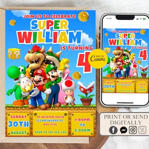 Convite editável do Mario Bros, convite de aniversário do Super Mario, convites para festa de aniversário para impressão, modelo de convite para festa de aniversário digital