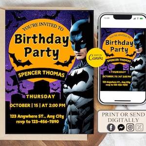 Editable Superhero Invitation, Bat Party Invite, Printable Kids Birthday Evite, Digital Birthday Party Card, Canva Template Digital Download
